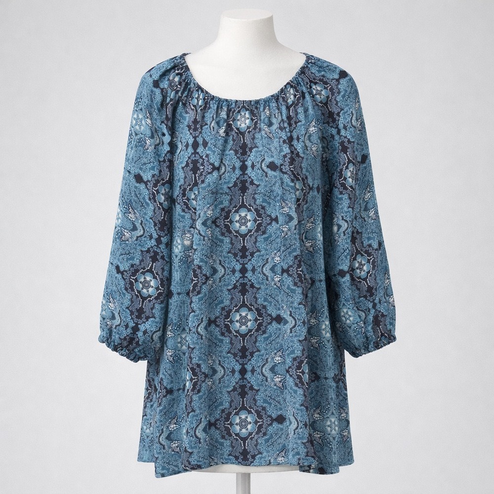 Rose and Olive Blouse Womens 2X Blue Tunic Geometric Print Boho Peasant Flowy